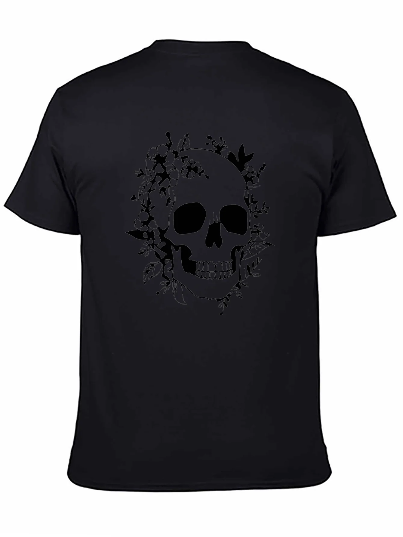 Floral Skull Graphic Tee - Black Cotton T-Shirt